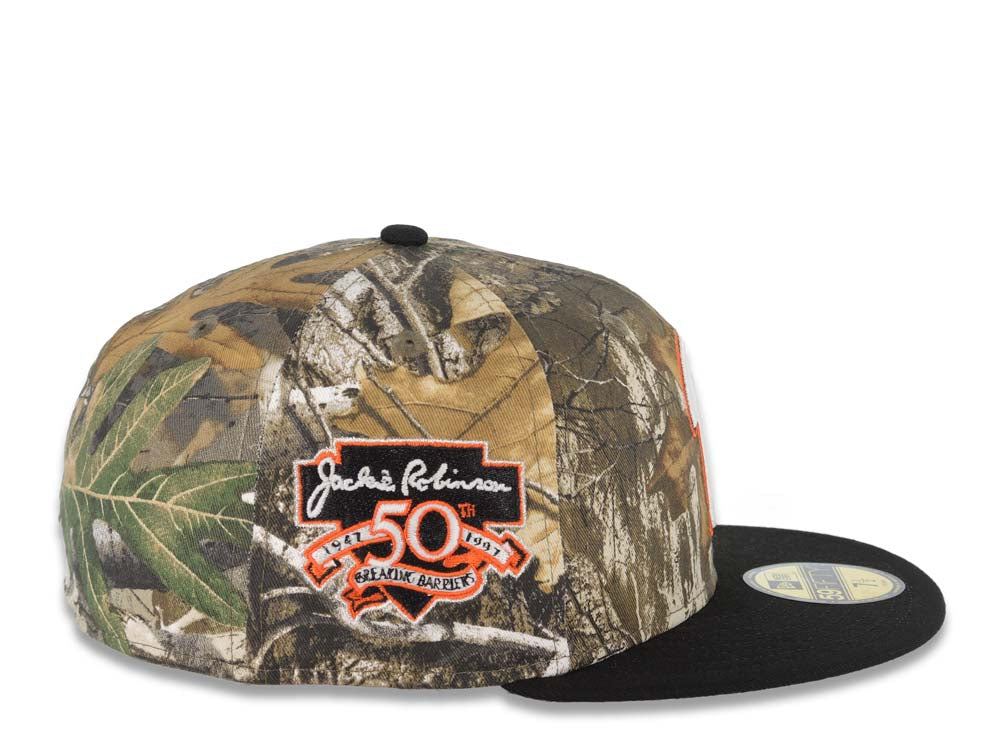 San Diego Padres New Era MLB 59FIFTY 5950 Fitted Cap Hat Real Tree Edge Camo Crown Black Visor White P Logo Jackie Robinson 50th Anniversary SidePatch