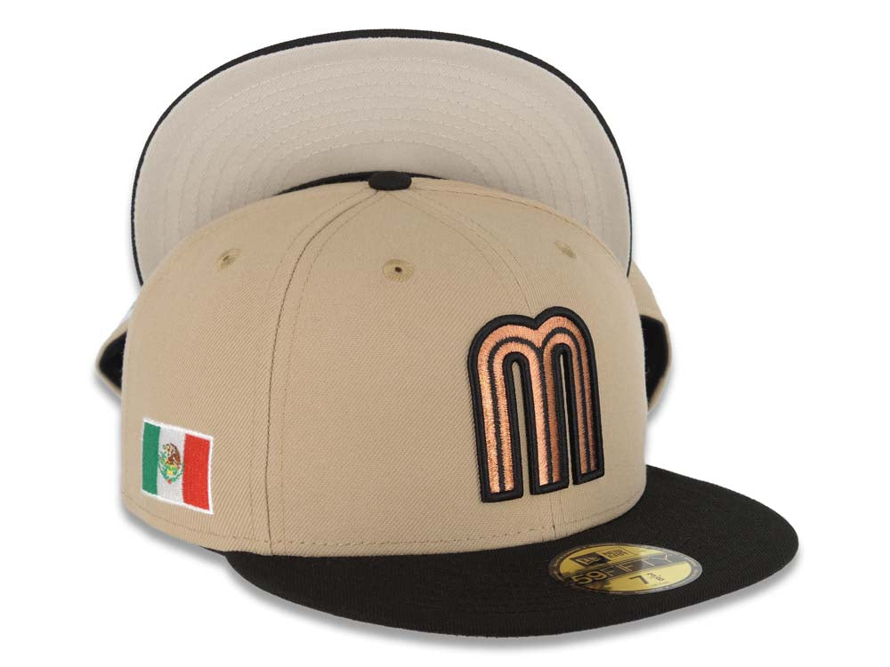 Mexico New Era 59FIFTY 5950 Fitted Cap Hat Khaki Crown Black Visor Metallic Brown Logo Mexico Flag Side Patch Stone UV