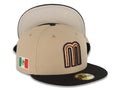 Mexico New Era 59FIFTY 5950 Fitted Cap Hat Khaki Crown Black Visor Metallic Brown Logo Mexico Flag Side Patch Stone UV