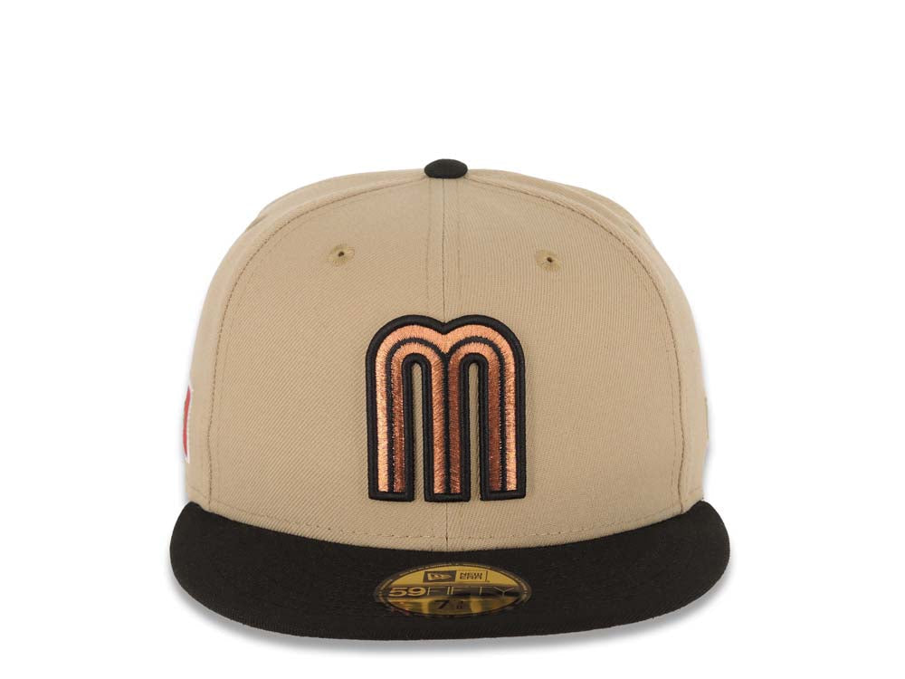 Mexico New Era 59FIFTY 5950 Fitted Cap Hat Khaki Crown Black Visor Metallic Brown Logo Mexico Flag Side Patch Stone UV