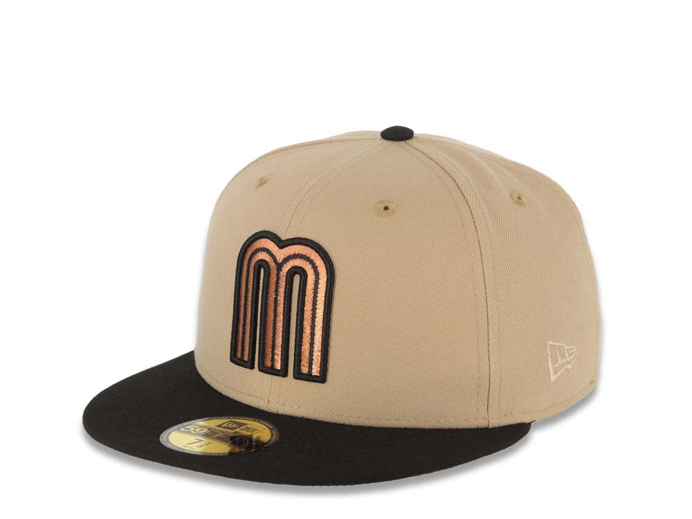 Mexico New Era 59FIFTY 5950 Fitted Cap Hat Khaki Crown Black Visor Metallic Brown Logo Mexico Flag Side Patch Stone UV