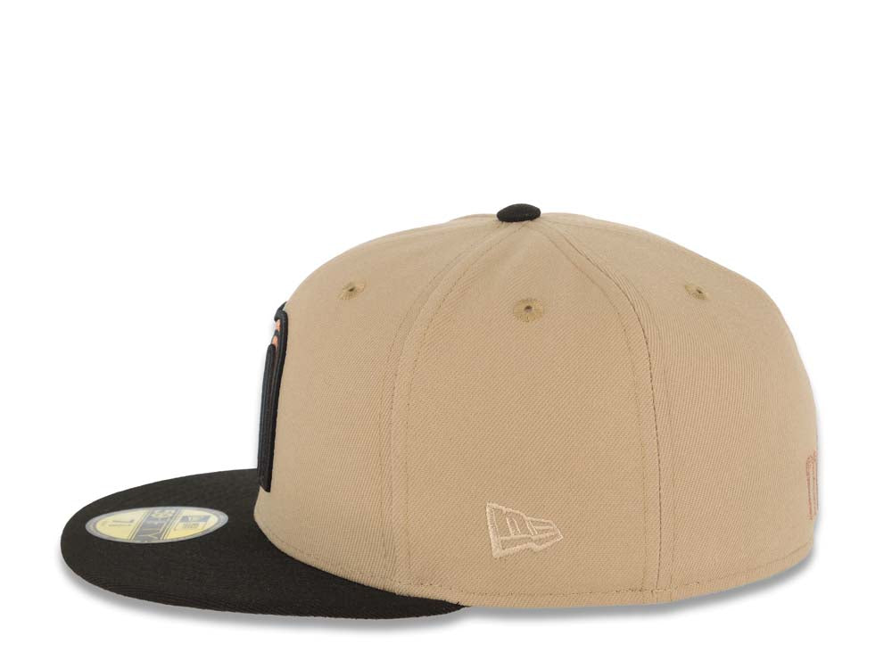 Mexico New Era 59FIFTY 5950 Fitted Cap Hat Khaki Crown Black Visor Metallic Brown Logo Mexico Flag Side Patch Stone UV