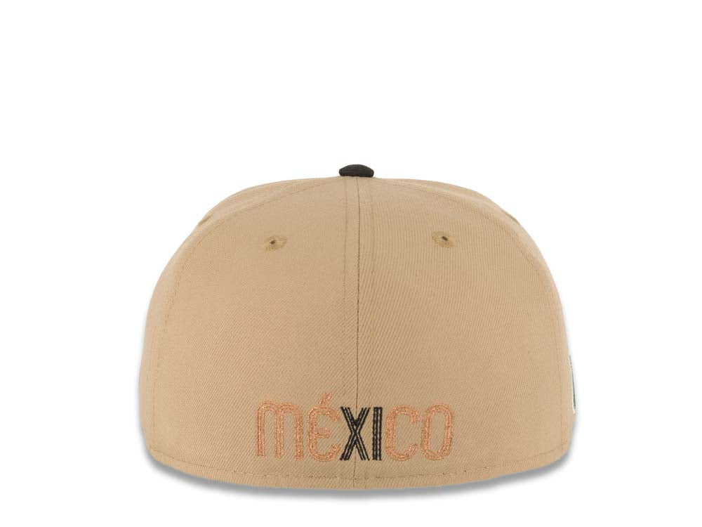 Mexico New Era 59FIFTY 5950 Fitted Cap Hat Khaki Crown Black Visor Metallic Brown Logo Mexico Flag Side Patch Stone UV