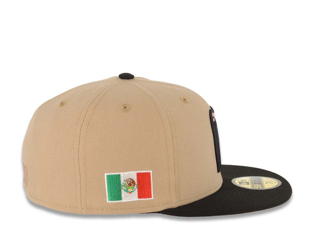 Mexico New Era 59FIFTY 5950 Fitted Cap Hat Khaki Crown Black Visor Metallic Brown Logo Mexico Flag Side Patch Stone UV
