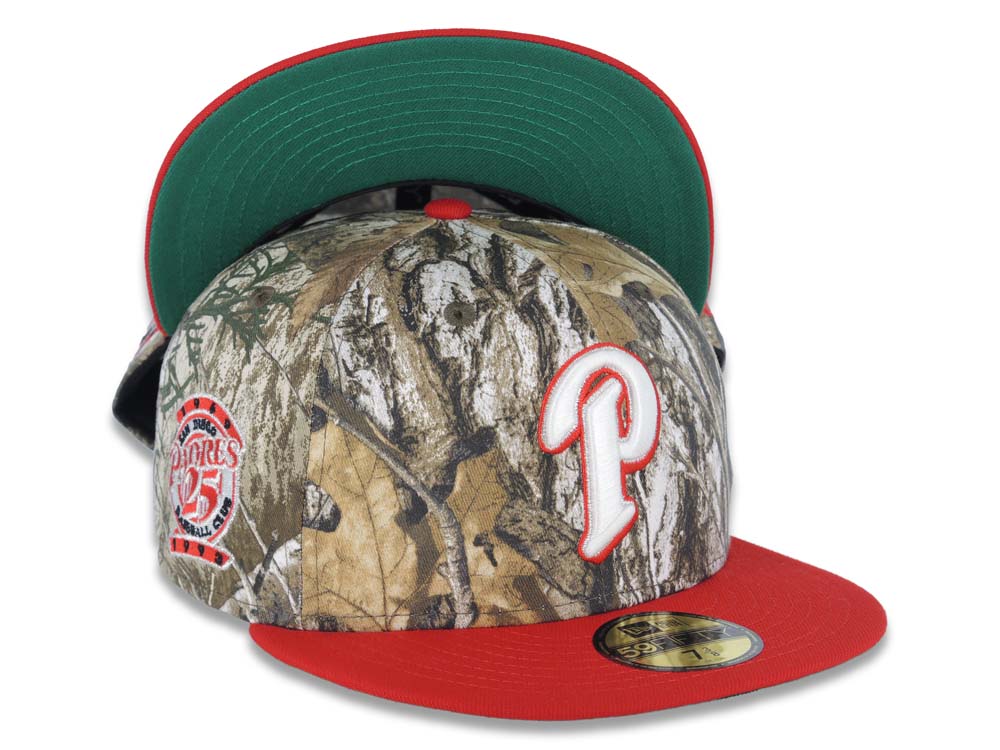 San Diego Padres New Era MLB 59FIFTY 5950 Fitted Cap Hat Real Tree Edge Camo Crown Red Visor White/Red P Logo 25th Anniversary Side Patch Green UV