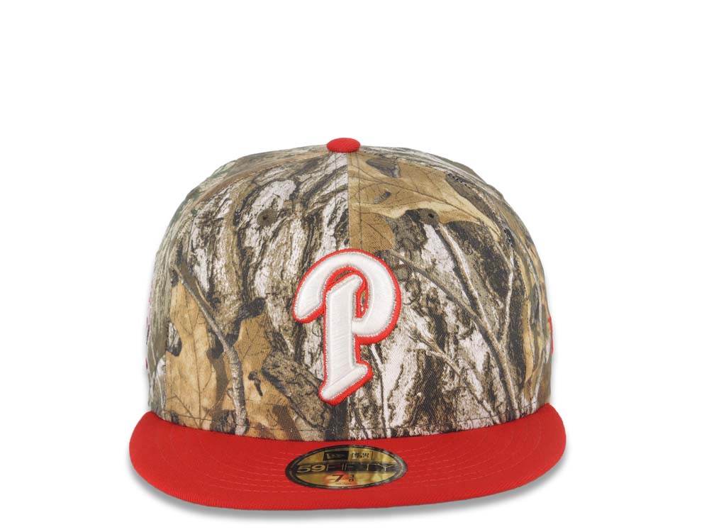 San Diego Padres New Era MLB 59FIFTY 5950 Fitted Cap Hat Real Tree Edge Camo Crown Red Visor White/Red P Logo 25th Anniversary Side Patch Green UV