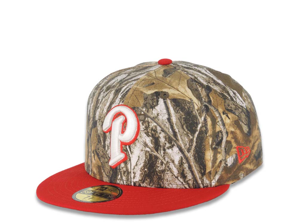 San Diego Padres New Era MLB 59FIFTY 5950 Fitted Cap Hat Real Tree Edge Camo Crown Red Visor White/Red P Logo 25th Anniversary Side Patch Green UV