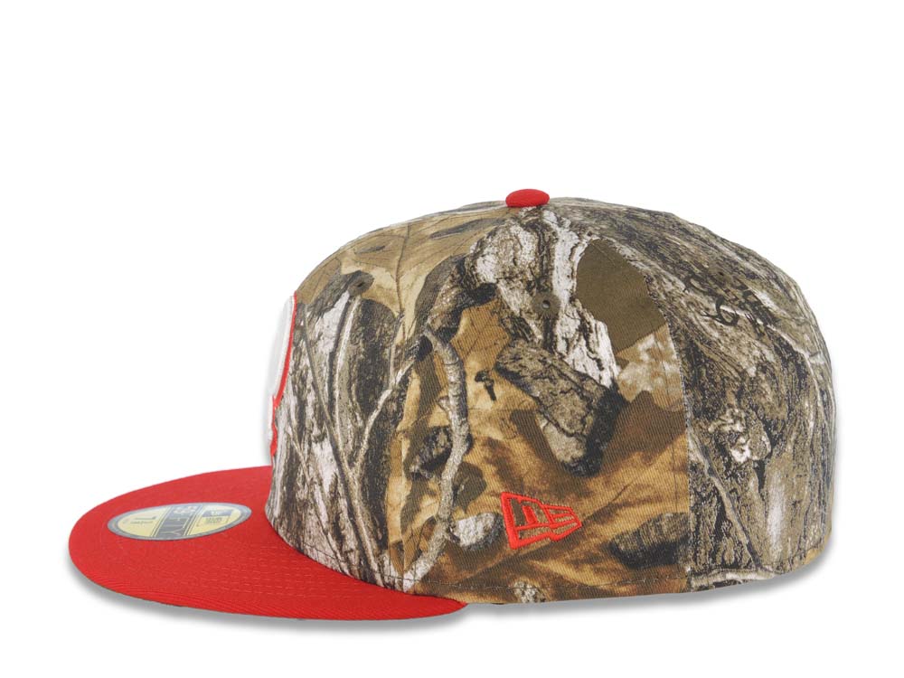 San Diego Padres New Era MLB 59FIFTY 5950 Fitted Cap Hat Real Tree Edge Camo Crown Red Visor White/Red P Logo 25th Anniversary Side Patch Green UV