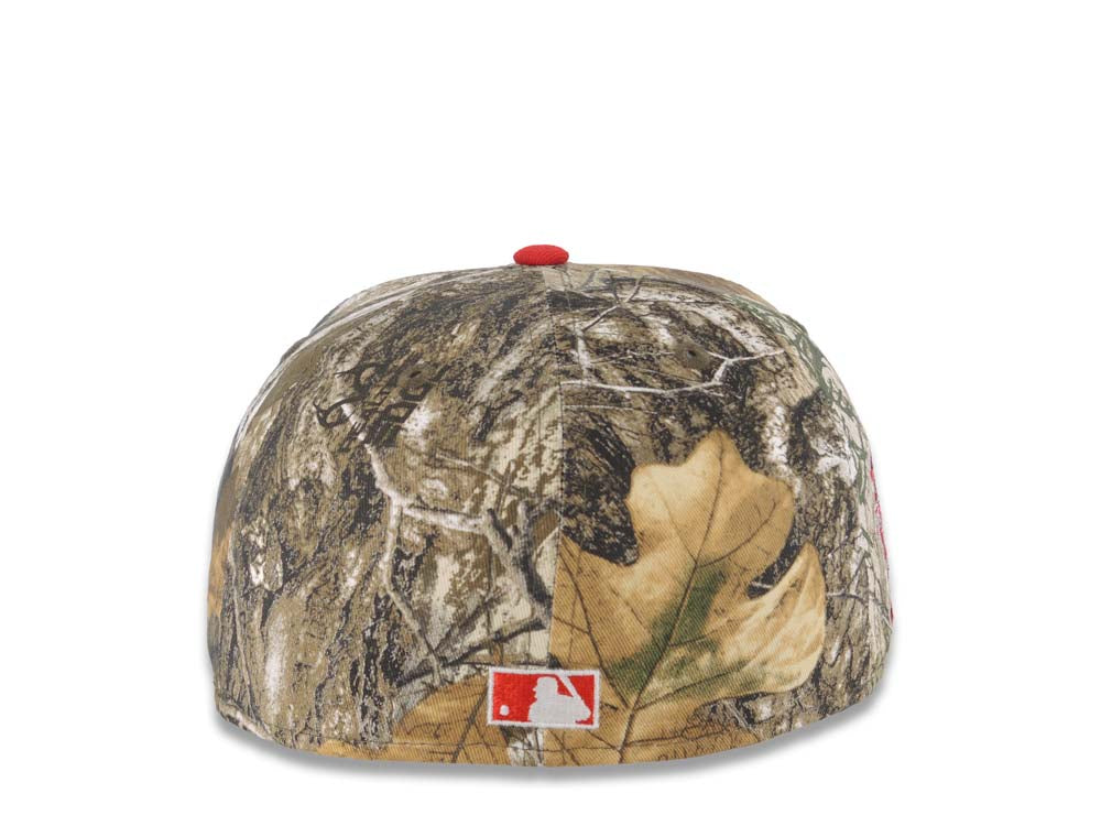 San Diego Padres New Era MLB 59FIFTY 5950 Fitted Cap Hat Real Tree Edge Camo Crown Red Visor White/Red P Logo 25th Anniversary Side Patch Green UV