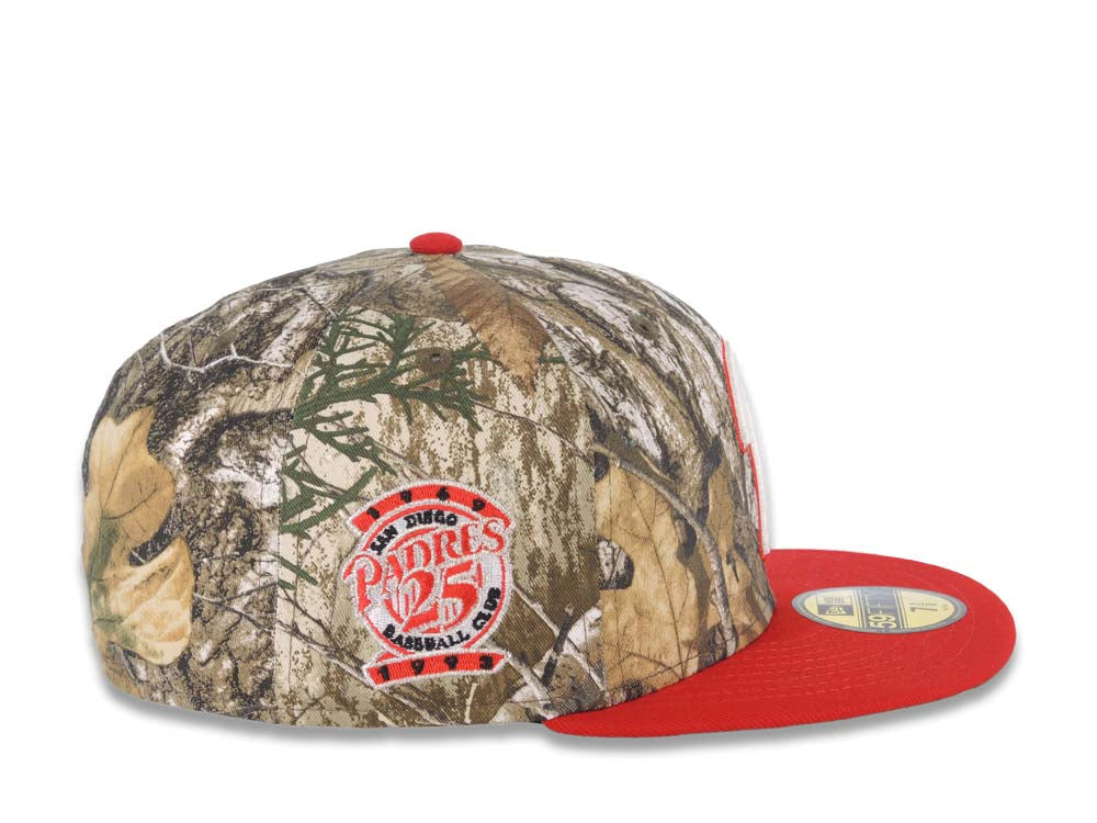 San Diego Padres New Era MLB 59FIFTY 5950 Fitted Cap Hat Real Tree Edge Camo Crown Red Visor White/Red P Logo 25th Anniversary Side Patch Green UV