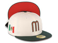 Mexico New Era 59FIFTY 5950 Fitted Cap Hat Cream Crown Dark Green Visor Red/Dark Green Logo Mexico Flag Side Patch Red UV