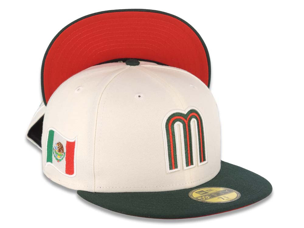 Mexico New Era 59FIFTY 5950 Fitted Cap Hat Cream Crown Dark Green Visor Red/Dark Green Logo Mexico Flag Side Patch Red UV