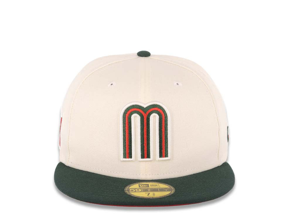 Mexico New Era 59FIFTY 5950 Fitted Cap Hat Cream Crown Dark Green Visor Red/Dark Green Logo Mexico Flag Side Patch Red UV