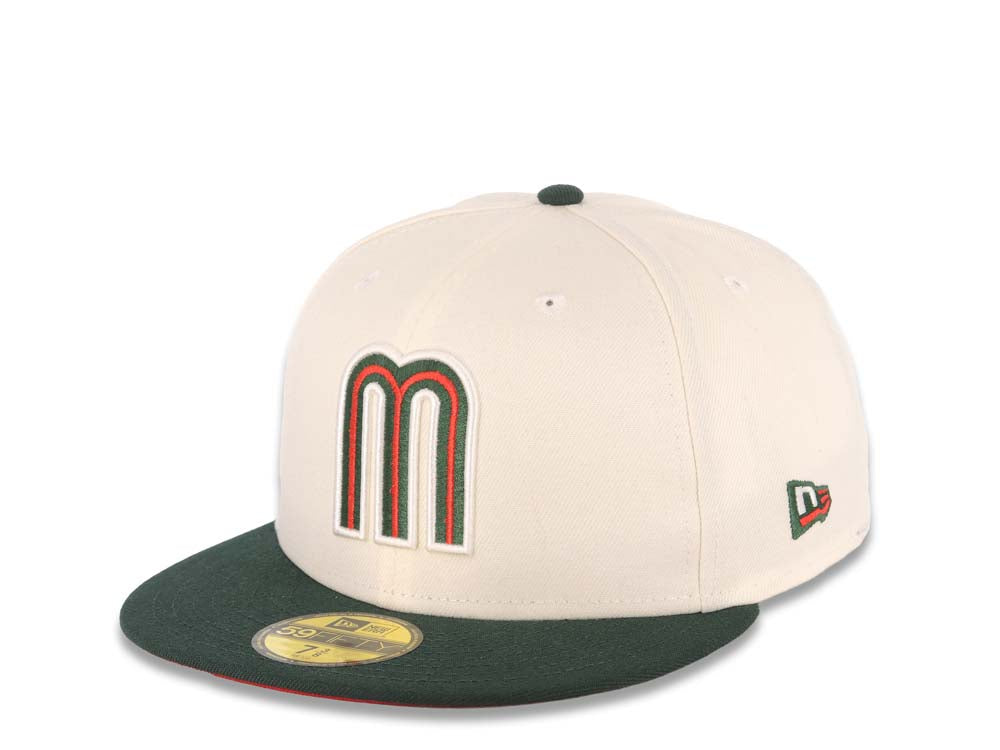 Mexico New Era 59FIFTY 5950 Fitted Cap Hat Cream Crown Dark Green Visor Red/Dark Green Logo Mexico Flag Side Patch Red UV