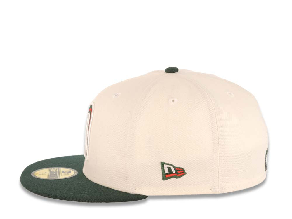 Mexico New Era 59FIFTY 5950 Fitted Cap Hat Cream Crown Dark Green Visor Red/Dark Green Logo Mexico Flag Side Patch Red UV