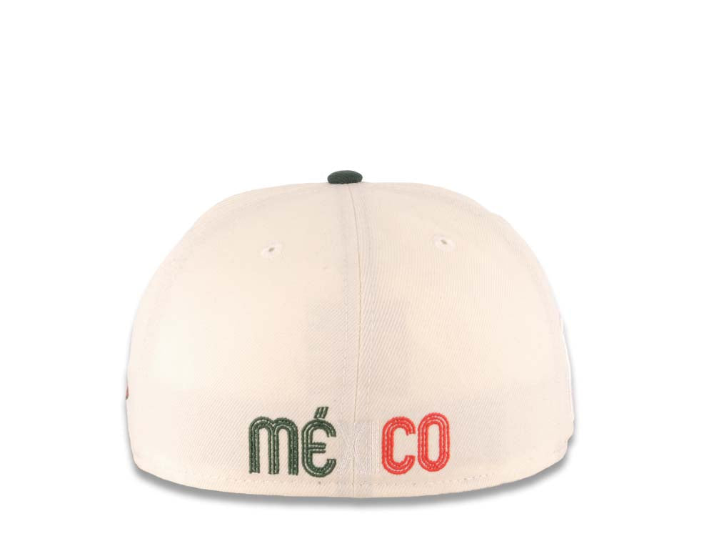 Mexico New Era 59FIFTY 5950 Fitted Cap Hat Cream Crown Dark Green Visor Red/Dark Green Logo Mexico Flag Side Patch Red UV
