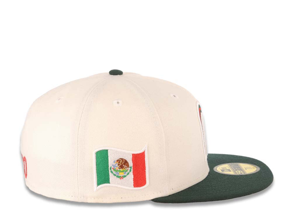Mexico New Era 59FIFTY 5950 Fitted Cap Hat Cream Crown Dark Green Visor Red/Dark Green Logo Mexico Flag Side Patch Red UV