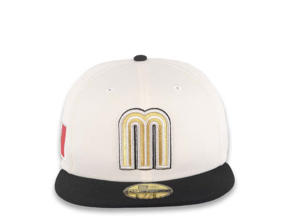 Mexico New Era WBC World Baseball Classic 59FIFTY 5950 Fitted Cap Hat Cream Crown Black Visor White/Metallic Gold/Black Logo Mexico Flag Side Patch