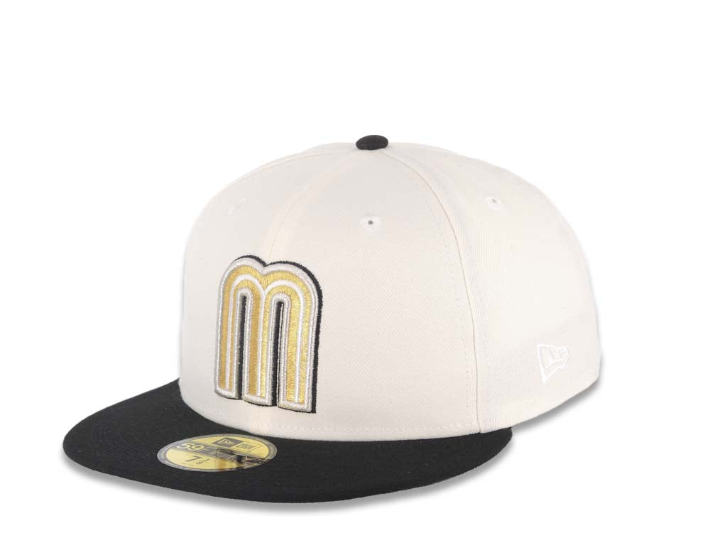 Mexico New Era WBC World Baseball Classic 59FIFTY 5950 Fitted Cap Hat Cream Crown Black Visor White/Metallic Gold/Black Logo Mexico Flag Side Patch
