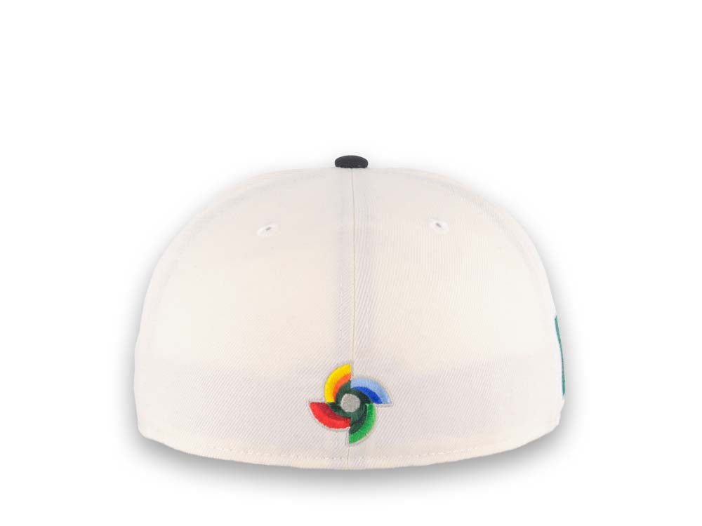 Mexico New Era WBC World Baseball Classic 59FIFTY 5950 Fitted Cap Hat Cream Crown Black Visor White/Metallic Gold/Black Logo Mexico Flag Side Patch