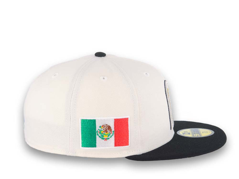 Mexico New Era WBC World Baseball Classic 59FIFTY 5950 Fitted Cap Hat Cream Crown Black Visor White/Metallic Gold/Black Logo Mexico Flag Side Patch
