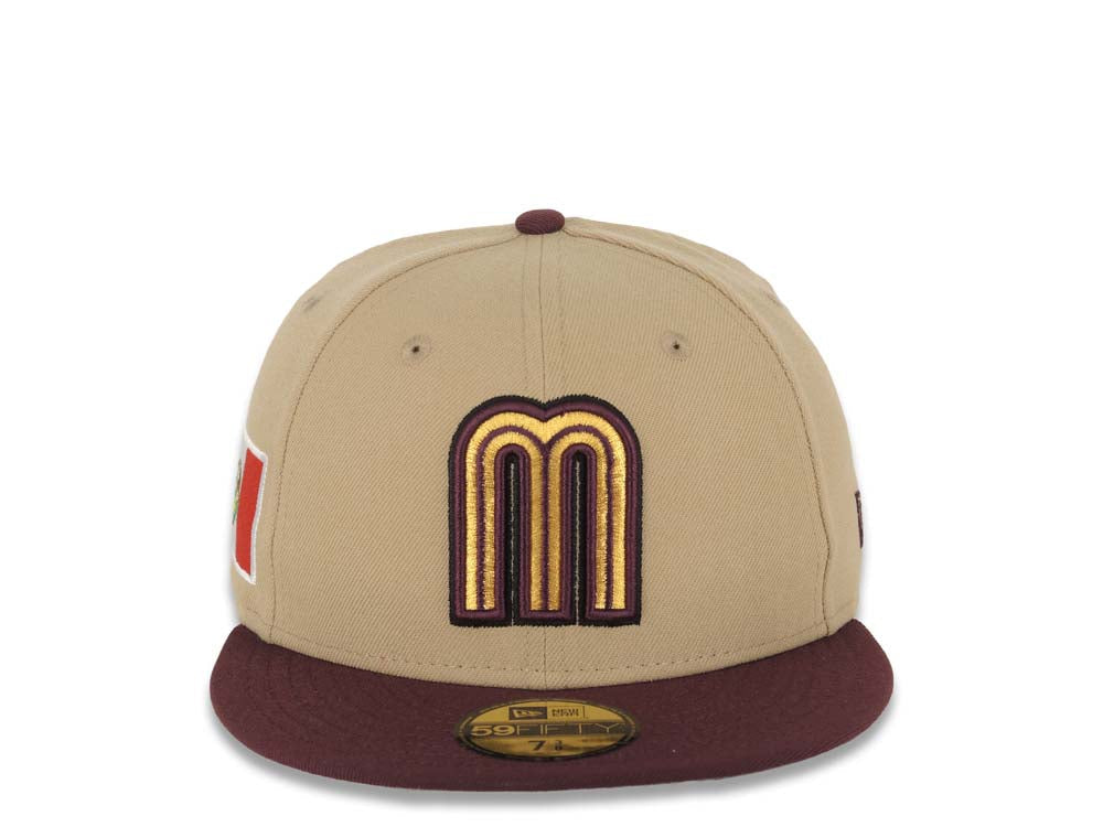 Mexico New Era WBC World Baseball Classic 59FIFTY 5950 Fitted Cap Hat Khaki Crown Maroon Visor Metallic Gold/Maroon Logo Mexico Flag Side Patch Gray UV