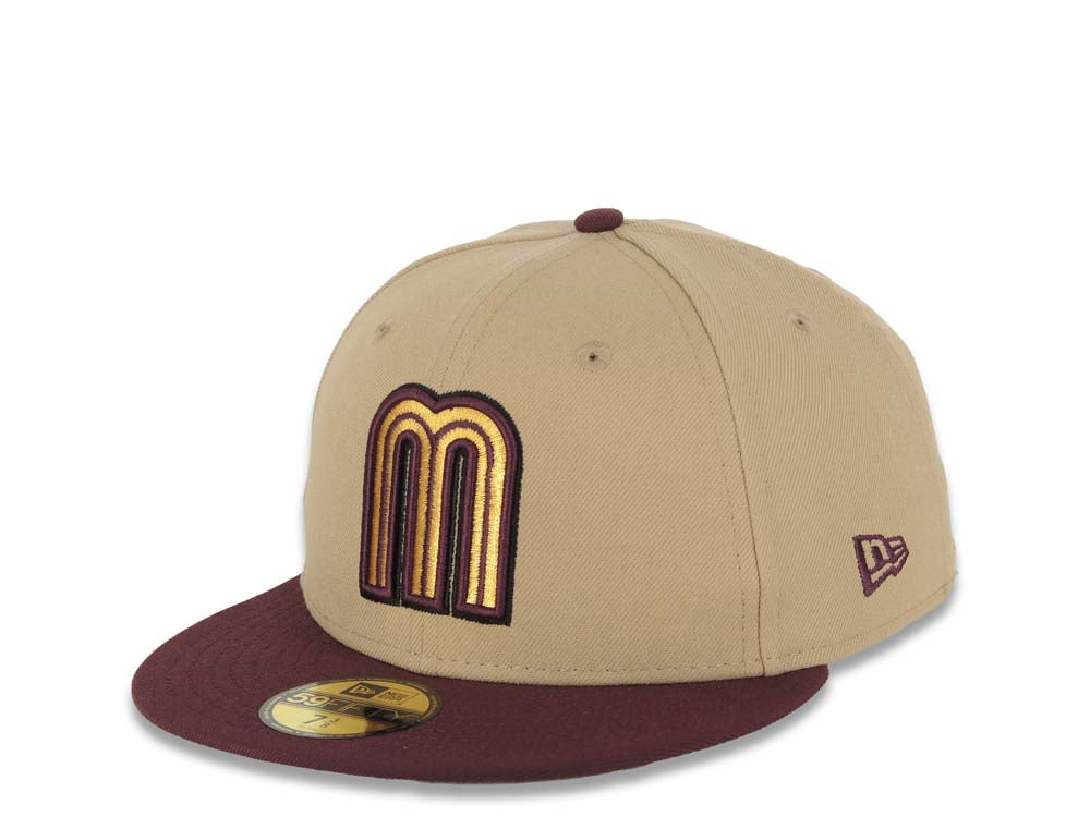 Mexico New Era WBC World Baseball Classic 59FIFTY 5950 Fitted Cap Hat Khaki Crown Maroon Visor Metallic Gold/Maroon Logo Mexico Flag Side Patch Gray UV