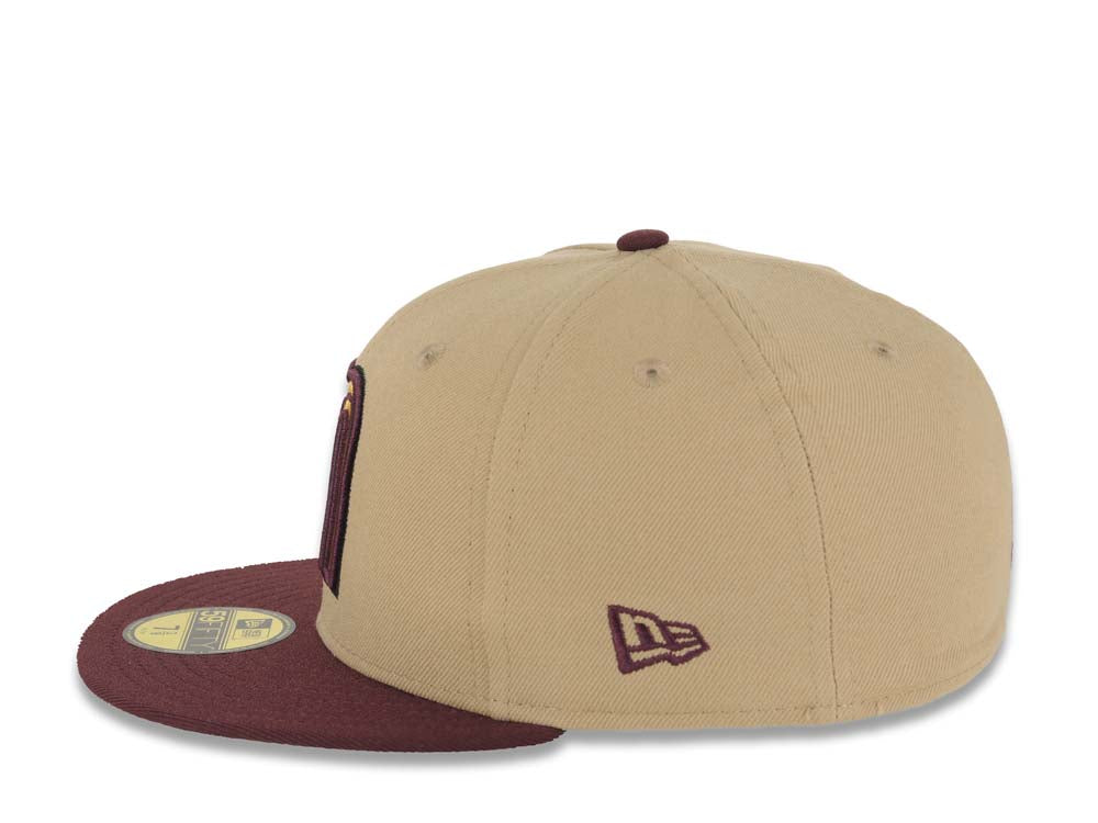 Mexico New Era WBC World Baseball Classic 59FIFTY 5950 Fitted Cap Hat Khaki Crown Maroon Visor Metallic Gold/Maroon Logo Mexico Flag Side Patch Gray UV