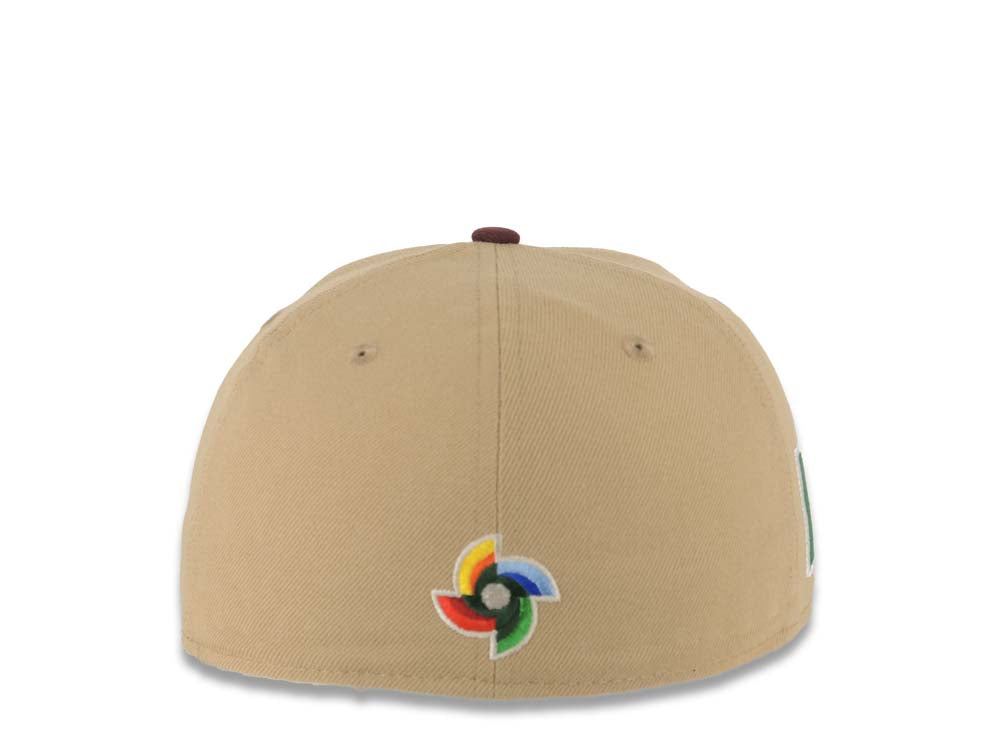 Mexico New Era WBC World Baseball Classic 59FIFTY 5950 Fitted Cap Hat Khaki Crown Maroon Visor Metallic Gold/Maroon Logo Mexico Flag Side Patch Gray UV