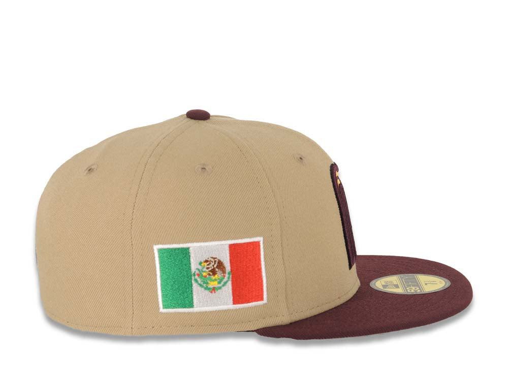 Mexico New Era WBC World Baseball Classic 59FIFTY 5950 Fitted Cap Hat Khaki Crown Maroon Visor Metallic Gold/Maroon Logo Mexico Flag Side Patch Gray UV