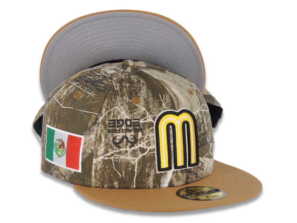 Mexico New Era WBC World Baseball Classic 59FIFTY 5950 Fitted Cap Hat Real Tree Edge Crown Light Brown Visor Yellow/Black Logo Mexico Flag Side Patch Gray UV