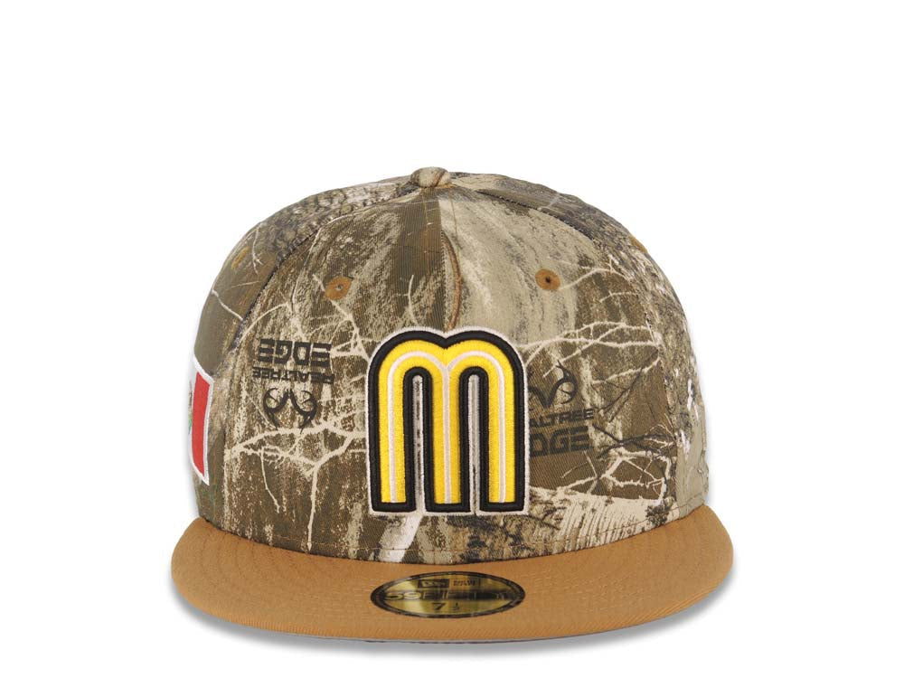 Mexico New Era WBC World Baseball Classic 59FIFTY 5950 Fitted Cap Hat Real Tree Edge Crown Light Brown Visor Yellow/Black Logo Mexico Flag Side Patch Gray UV