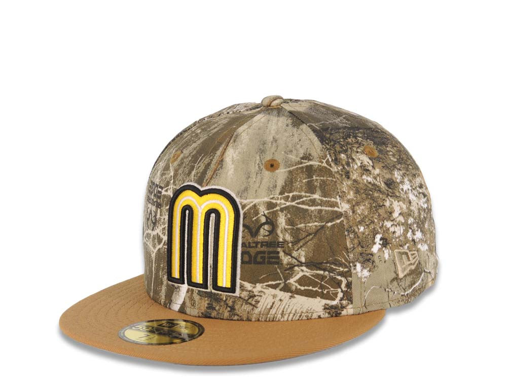 Mexico New Era WBC World Baseball Classic 59FIFTY 5950 Fitted Cap Hat Real Tree Edge Crown Light Brown Visor Yellow/Black Logo Mexico Flag Side Patch Gray UV