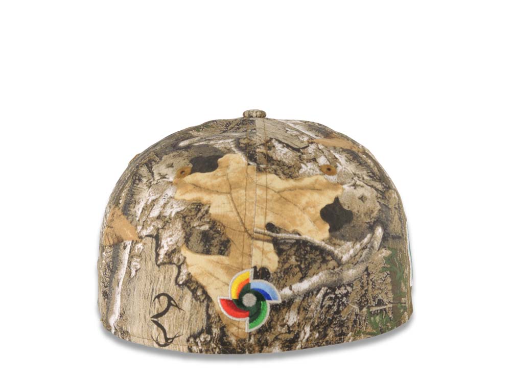 Mexico New Era WBC World Baseball Classic 59FIFTY 5950 Fitted Cap Hat Real Tree Edge Crown Light Brown Visor Yellow/Black Logo Mexico Flag Side Patch Gray UV