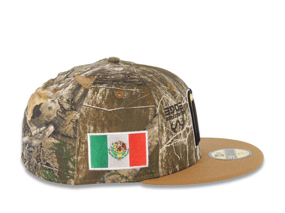Mexico New Era WBC World Baseball Classic 59FIFTY 5950 Fitted Cap Hat Real Tree Edge Crown Light Brown Visor Yellow/Black Logo Mexico Flag Side Patch Gray UV