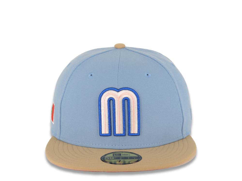 Mexico New Era WBC World Baseball Classic 59FIFTY 5950 Fitted Cap Hat Sky Blue Crown Khaki Visor White/Metallic Blue Logo Mexico Flag Side Patch Pink UV