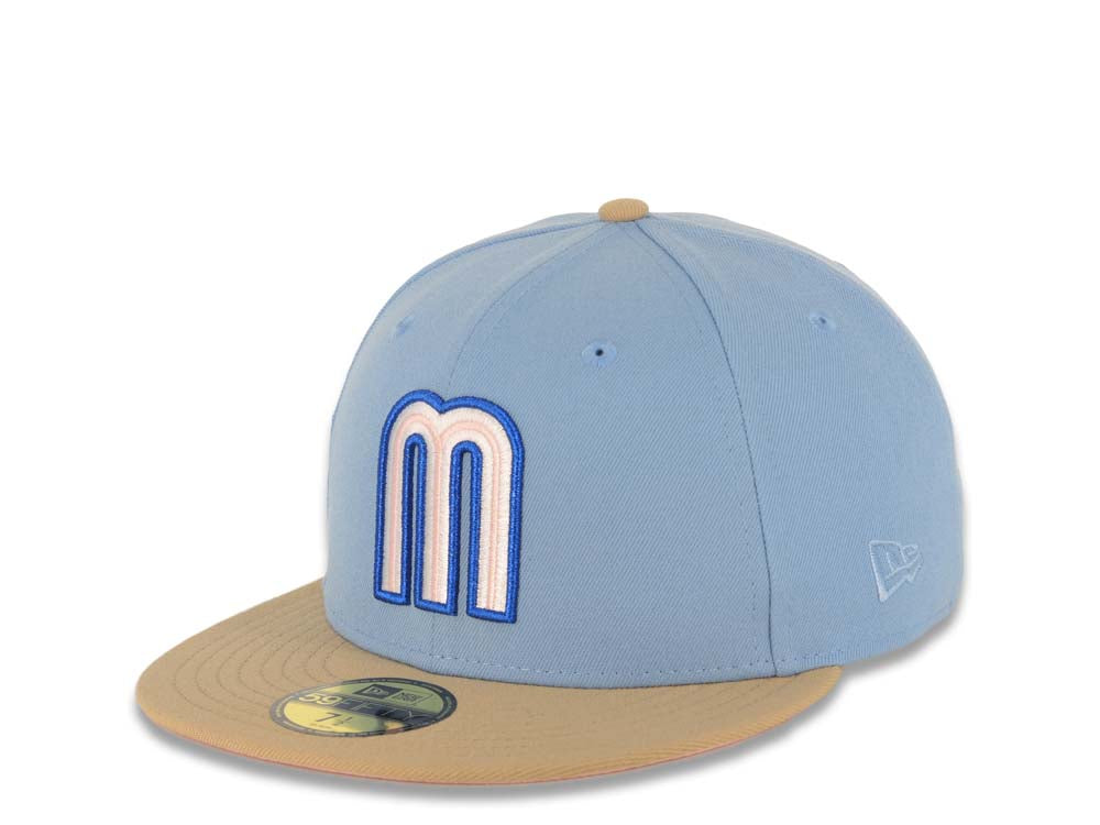 Mexico New Era WBC World Baseball Classic 59FIFTY 5950 Fitted Cap Hat Sky Blue Crown Khaki Visor White/Metallic Blue Logo Mexico Flag Side Patch Pink UV