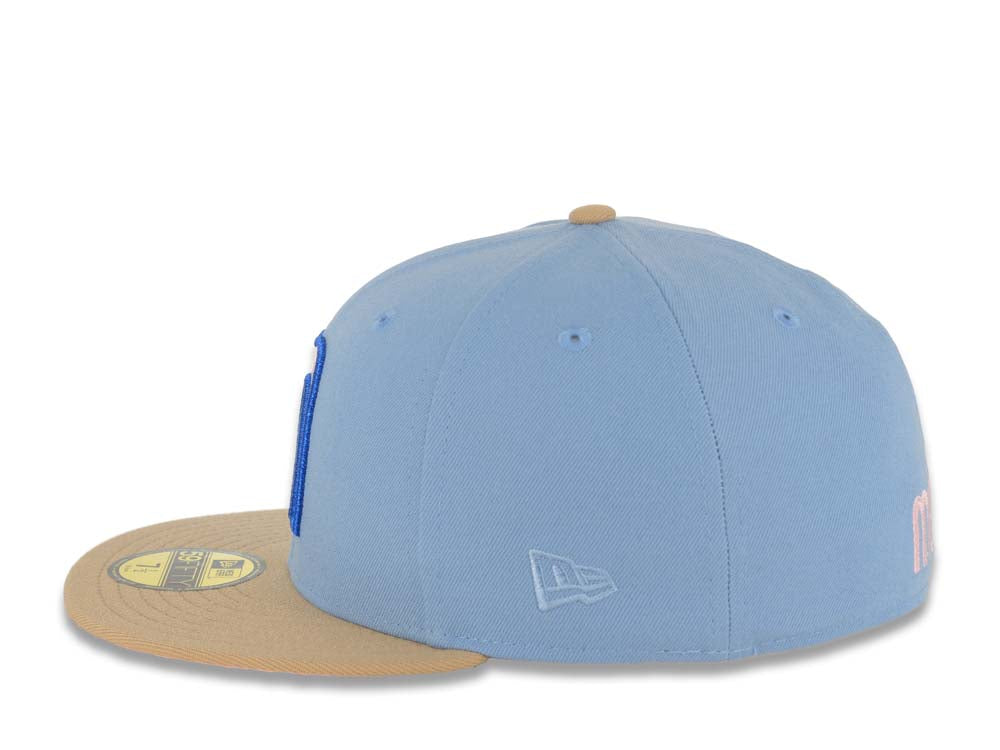 Mexico New Era WBC World Baseball Classic 59FIFTY 5950 Fitted Cap Hat Sky Blue Crown Khaki Visor White/Metallic Blue Logo Mexico Flag Side Patch Pink UV