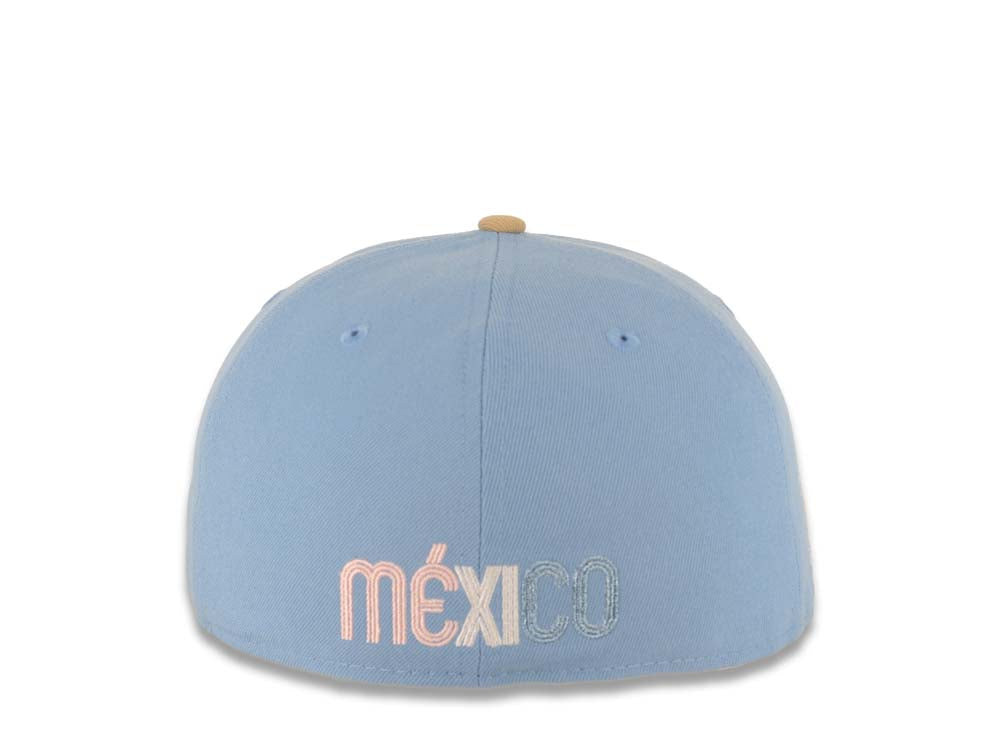 Mexico New Era WBC World Baseball Classic 59FIFTY 5950 Fitted Cap Hat Sky Blue Crown Khaki Visor White/Metallic Blue Logo Mexico Flag Side Patch Pink UV