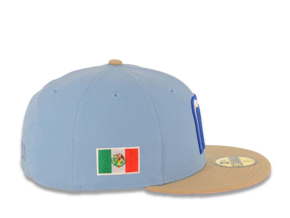 Mexico New Era WBC World Baseball Classic 59FIFTY 5950 Fitted Cap Hat Sky Blue Crown Khaki Visor White/Metallic Blue Logo Mexico Flag Side Patch Pink UV