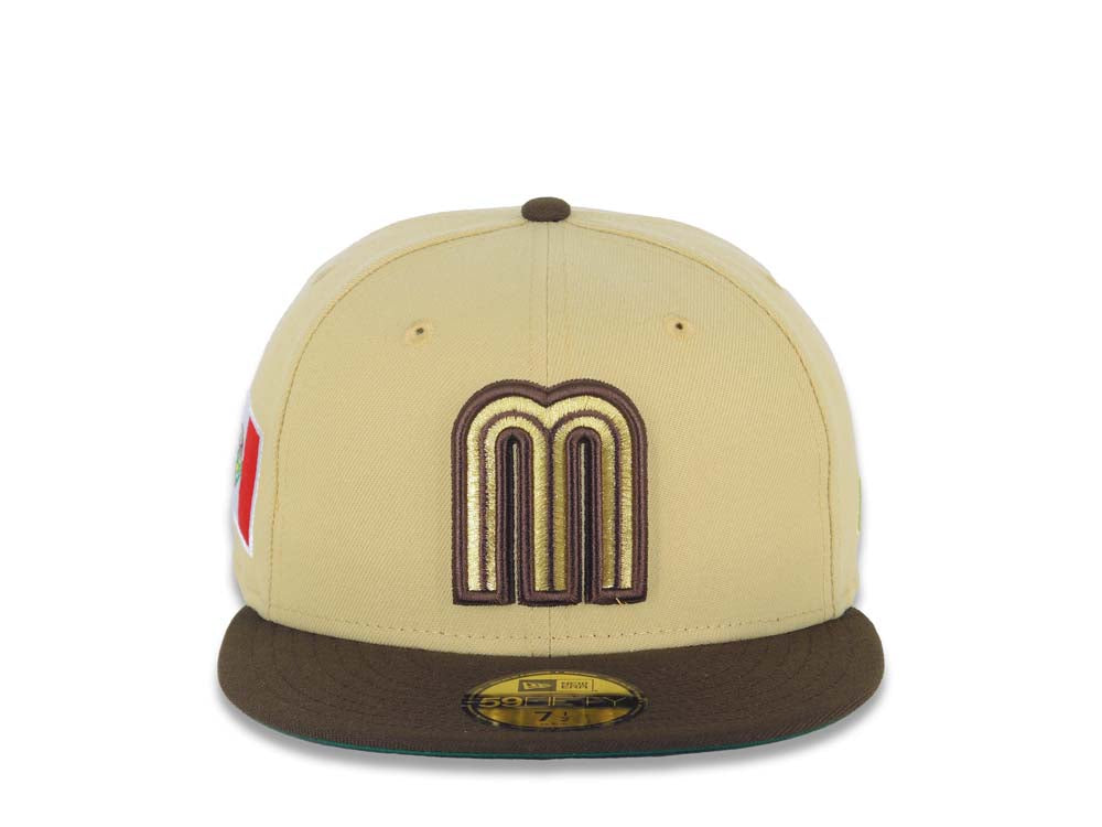 Mexico New Era WBC World Baseball Classic 59FIFTY 5950 Fitted Cap Hat Vegas Gold Crown Brown Visor Metallic Gold/Brown Logo Mexico Flag Side Patch