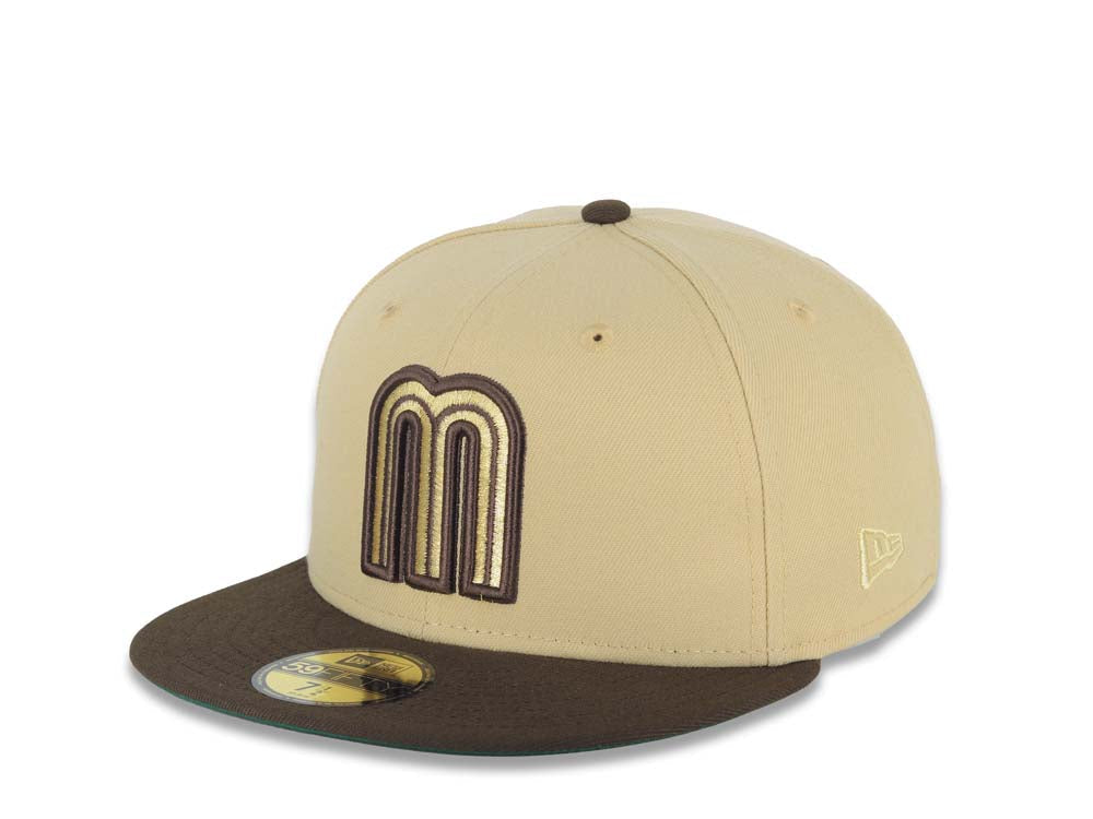 Mexico New Era WBC World Baseball Classic 59FIFTY 5950 Fitted Cap Hat Vegas Gold Crown Brown Visor Metallic Gold/Brown Logo Mexico Flag Side Patch
