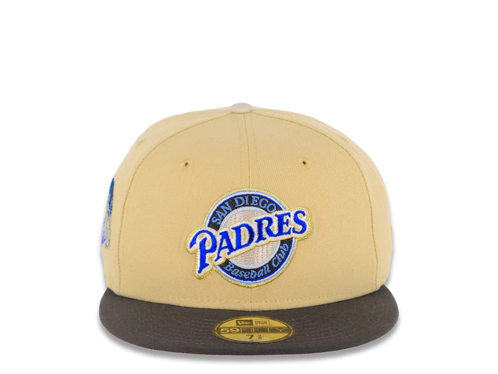 San Diego Padres New Era MLB 59FIFTY 5950 Fitted Cap Hat Vegas Gold Crown Gray Visor Metallic Blue/Gold Baseball Club Logo Elsinore Storm SidePatch