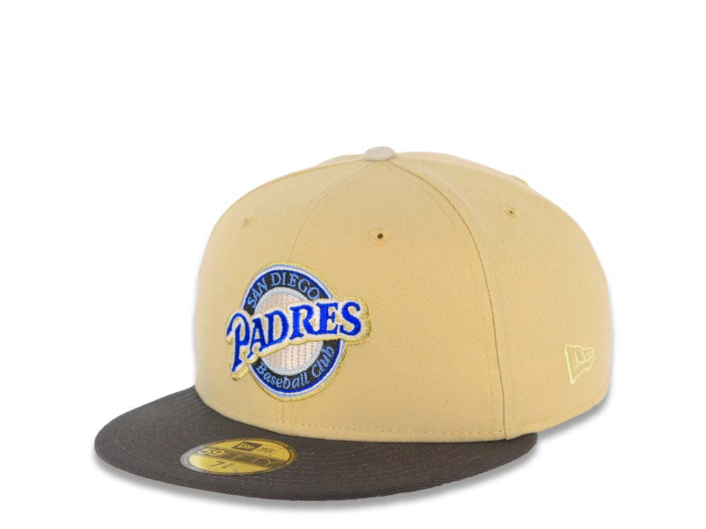 San Diego Padres New Era MLB 59FIFTY 5950 Fitted Cap Hat Vegas Gold Crown Gray Visor Metallic Blue/Gold Baseball Club Logo Elsinore Storm SidePatch
