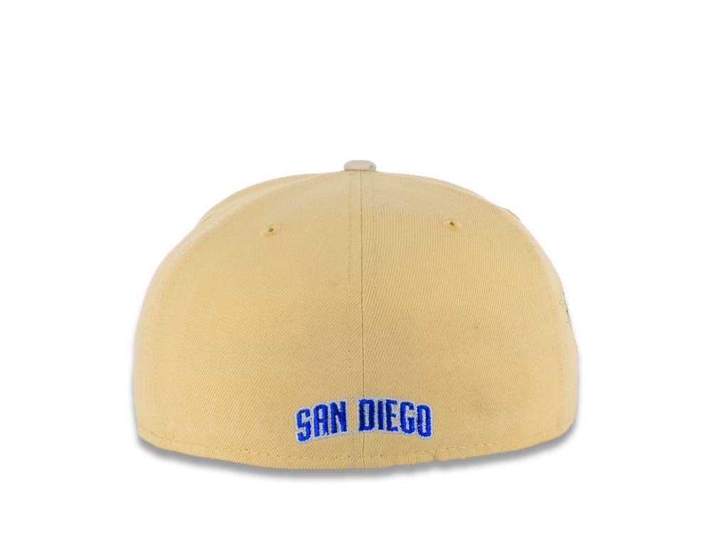 San Diego Padres New Era MLB 59FIFTY 5950 Fitted Cap Hat Vegas Gold Crown Gray Visor Metallic Blue/Gold Baseball Club Logo Elsinore Storm SidePatch