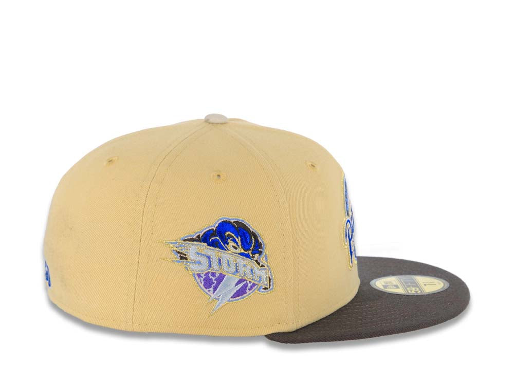 San Diego Padres New Era MLB 59FIFTY 5950 Fitted Cap Hat Vegas Gold Crown Gray Visor Metallic Blue/Gold Baseball Club Logo Elsinore Storm SidePatch