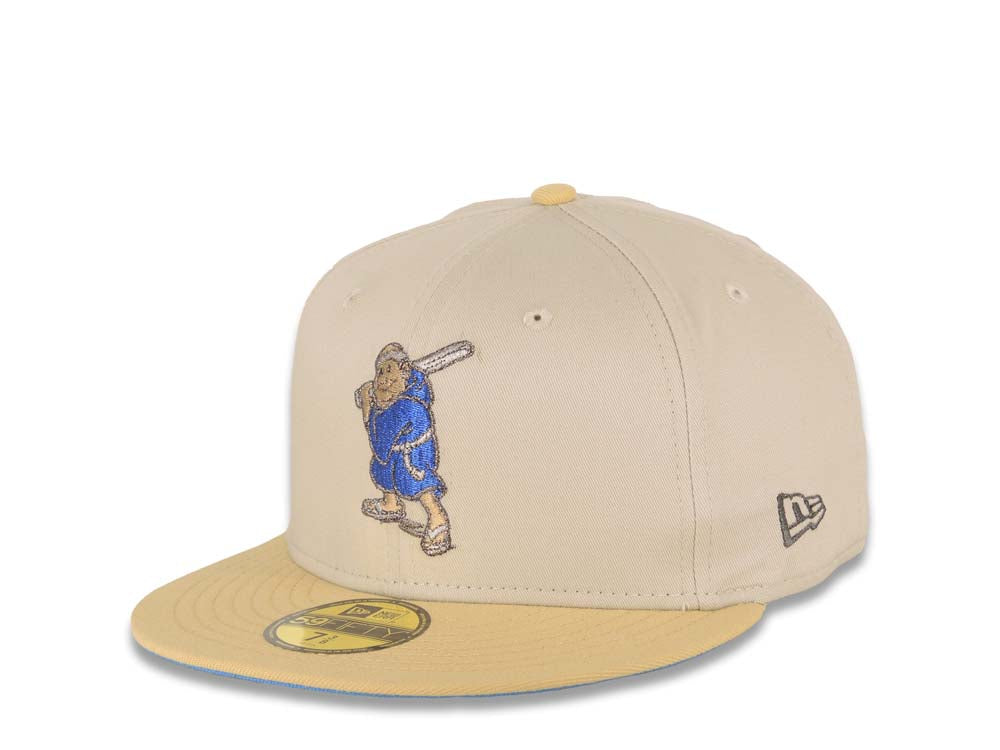 San Diego Padres New Era MLB 59FIFTY 5950 Fitted Cap Hat Stone Crown Vegas Gold Visor Metallic Blue/Aluminum Batting Friar Logo Go Padres Side Patch