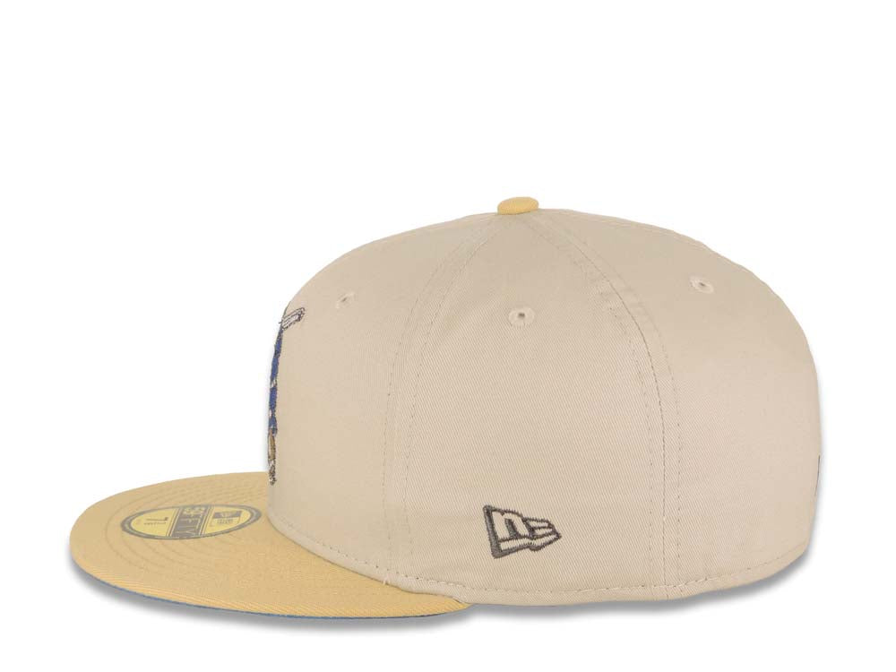 San Diego Padres New Era MLB 59FIFTY 5950 Fitted Cap Hat Stone Crown Vegas Gold Visor Metallic Blue/Aluminum Batting Friar Logo Go Padres Side Patch