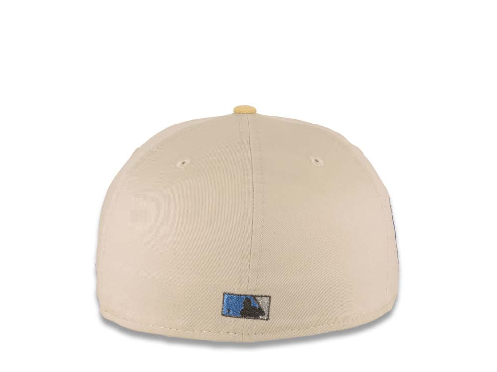San Diego Padres New Era MLB 59FIFTY 5950 Fitted Cap Hat Stone Crown Vegas Gold Visor Metallic Blue/Aluminum Batting Friar Logo Go Padres Side Patch