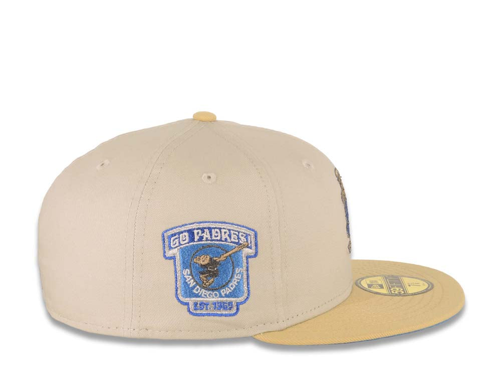 San Diego Padres New Era MLB 59FIFTY 5950 Fitted Cap Hat Stone Crown Vegas Gold Visor Metallic Blue/Aluminum Batting Friar Logo Go Padres Side Patch